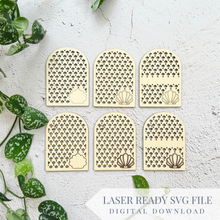 Load image into Gallery viewer, Set of Mermaid Scale and Shell and Starfish Travel Earring Holder | Can Personalize with Engraved and Score Options | SVG Laser Cut File