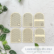 Load image into Gallery viewer, Set of Mermaid Scale and Starfish Travel Earring Holder | Can Personalize with Engraved and Score Options | SVG Laser Cut File