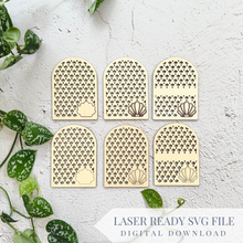 Load image into Gallery viewer, Set of Mermaid Scale and Seashell Travel Earring Holder | Can Personalize with Engraved and Score Options | SVG Laser Cut File