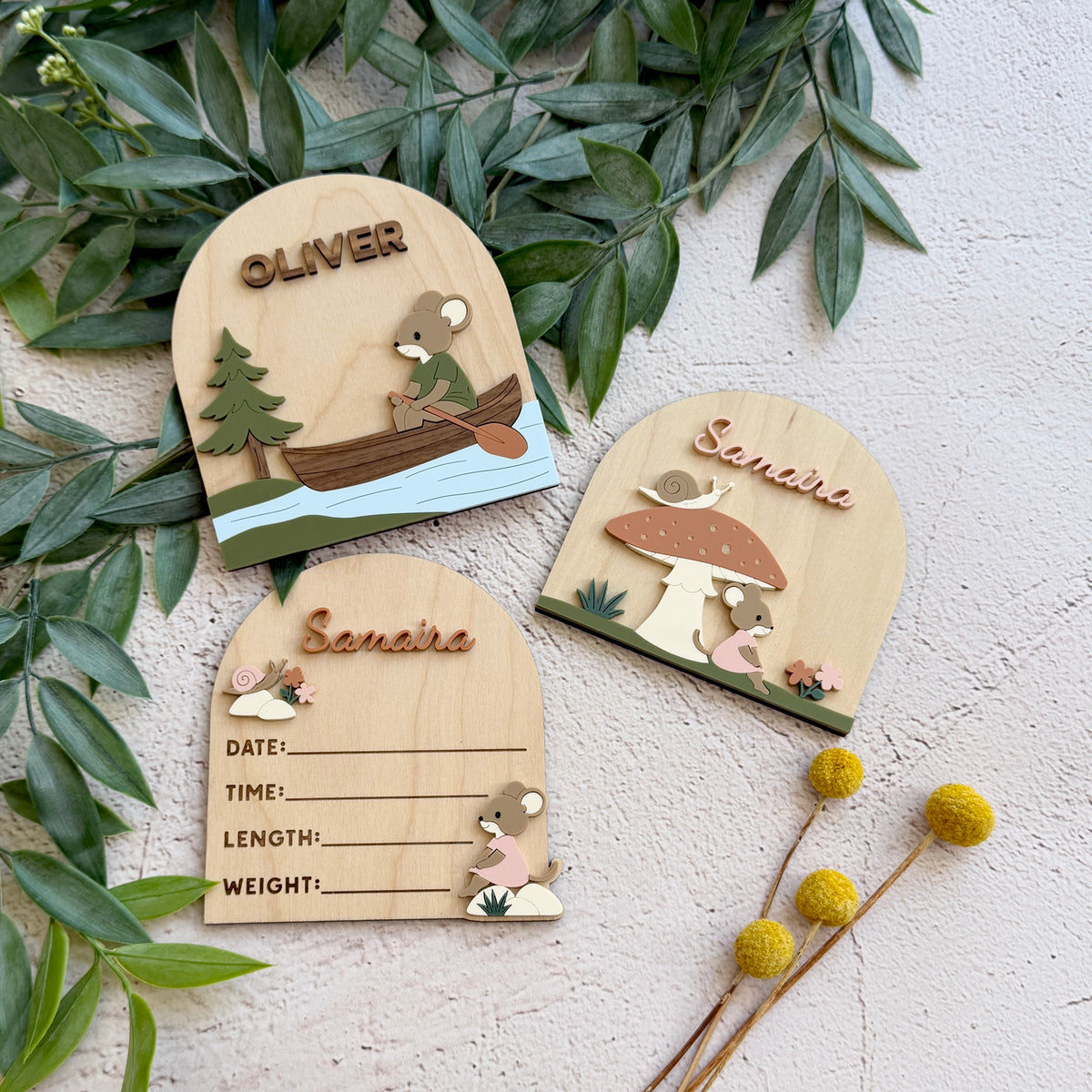 Personalized Woodland Girl Mouse Name Sign – Custom Wooden Arch Nursery Decor