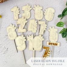 Load image into Gallery viewer, Dino Numbers Birthday Cake Topper | Customizable with Scoring or Engraving Option | SVG Laser Cut File