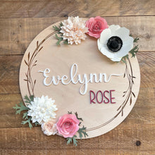 Load image into Gallery viewer, Personalized Nursery Name Sign| Paper Flower Wood Sign