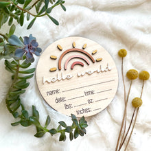 Load image into Gallery viewer, Boho Rainbow Sun Hello World Baby Name Announcement Sign