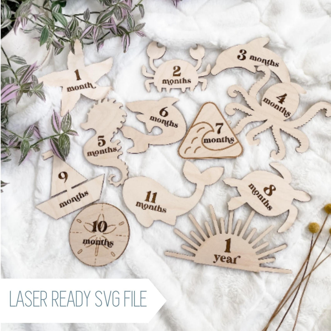 Ocean Sea Creature Themed Baby Monthly Milestone Markers | SVG Laser Cut File