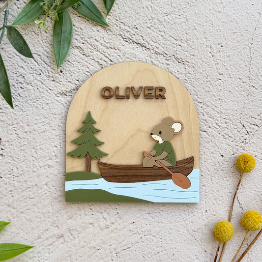 Personalized Woodland Boy Mouse Name Sign – Custom Wooden Arch Nursery Decor
