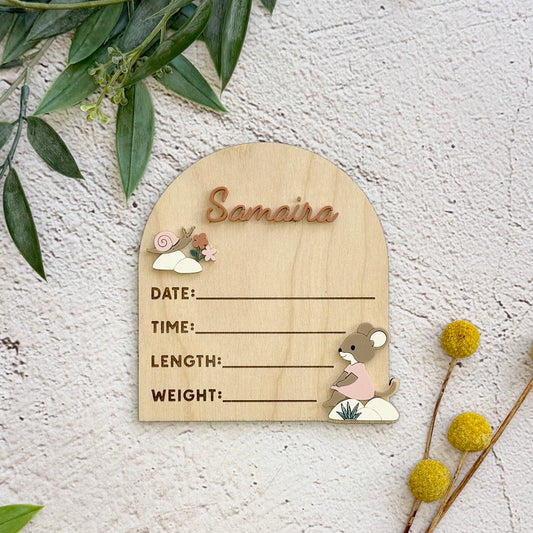 Personalized Woodland Girl Mouse Birth Stats Sign – Custom Wooden Arch Nursery Decor