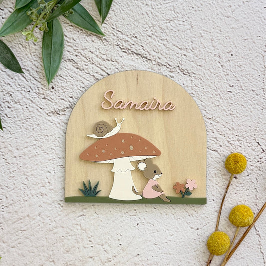 Personalized Woodland Girl Mouse Name Sign – Custom Wooden Arch Nursery Decor
