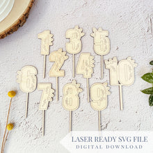 Load image into Gallery viewer, Dino Numbers Birthday Cake Topper | Customizable with Scoring or Engraving Option | SVG Laser Cut File
