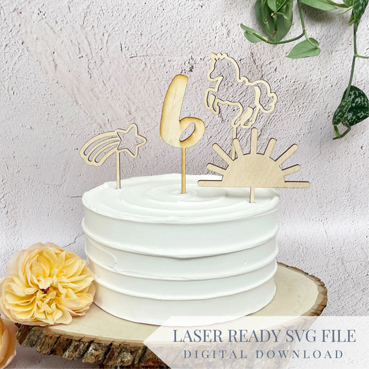 Rainbows and Unicorn Theme Birthday Cake Topper | SVG Laser Cut File