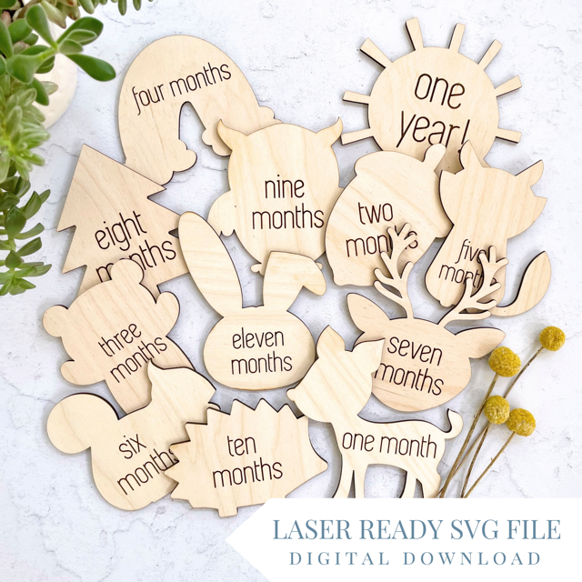 Woodland Animal Adventure Themed Baby Monthly Milestone Markers | SVG Laser Cut File