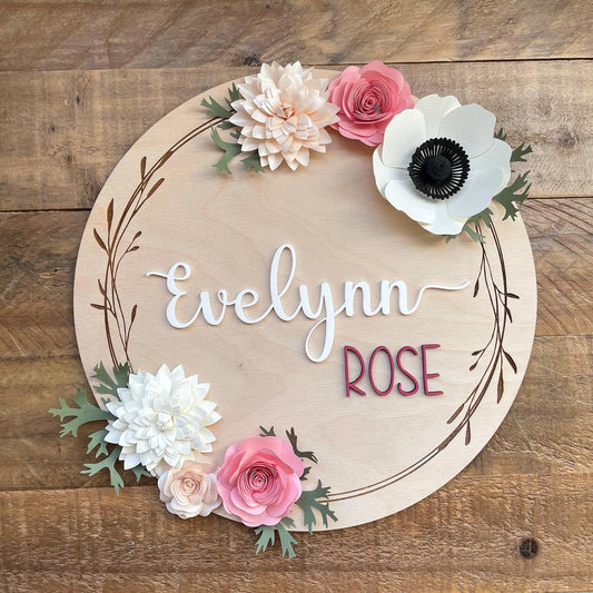 Personalized Nursery Name Sign| Paper Flower Wood Sign