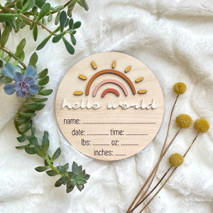 Boho Rainbow Sun Hello World Baby Name Announcement Sign