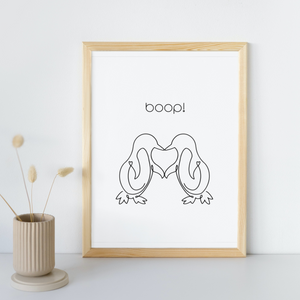 Boop! Kissing Penguins Line Art Poster Print