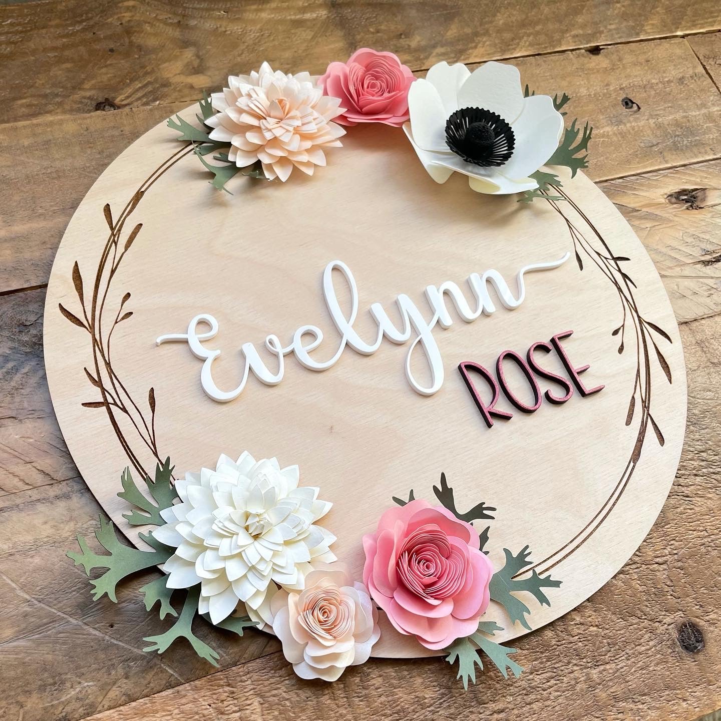 Personalized Nursery Name Sign| Paper Flower Wood Sign
