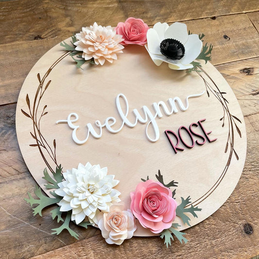 Personalized Nursery Name Sign| Paper Flower Wood Sign