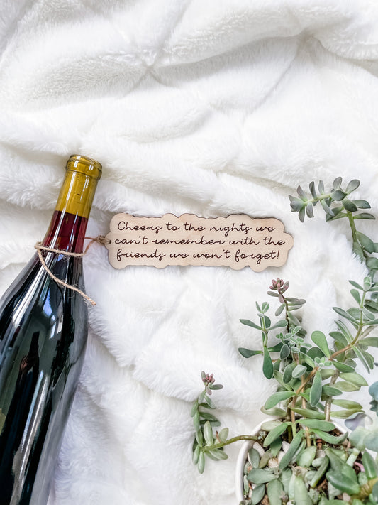 Cheers Wooden Wine Bottle Gift Tags - Laser Cut and Engraved Gift Tags or Ornament