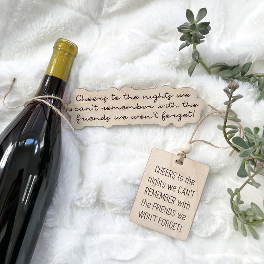 Cheers Wooden Wine Bottle Gift Tags - Laser Cut and Engraved Gift Tags or Ornament