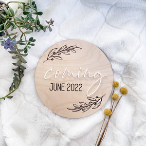 Pregnancy Announcement Round Wood Sign | Coming Soon Pregnancy Reveal Photo Prop